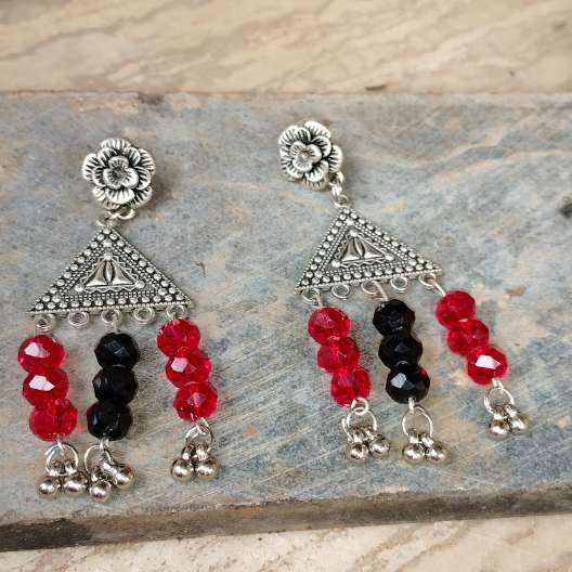 3 Layer Red and Black Crystal Necklace and Matching Earring Set For Women